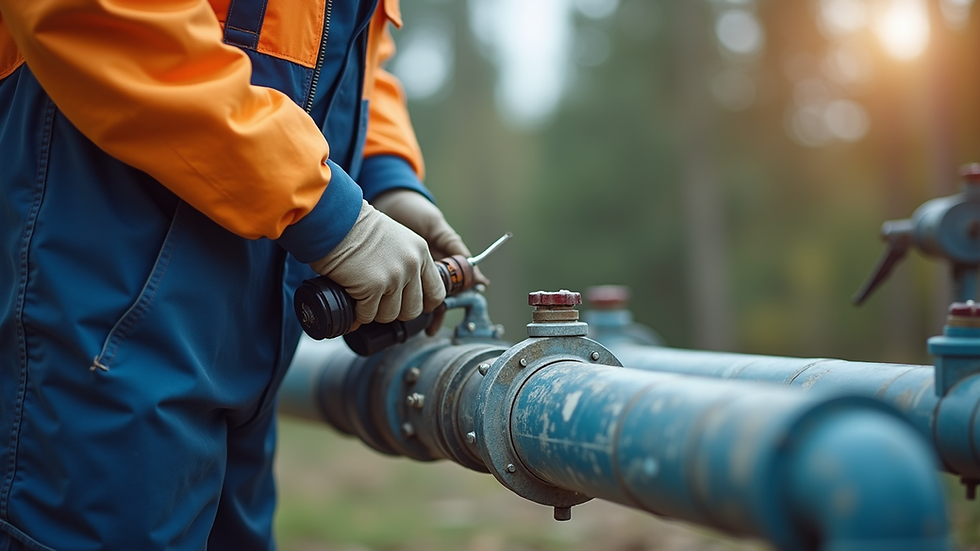 Eye-level view of a technician inspecting outdoor water pipes