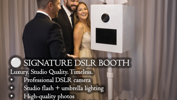 professional DSLR photobooth with studio lighting and umbrella diffuser at a luxury wedding event