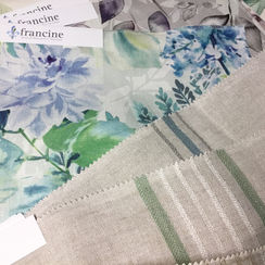 Assorted fabric swatches featuring floral blue green and striped patterns, Francine.