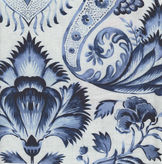 Blue and white intricate floral pattern with traditional motifs and detailed leaves.