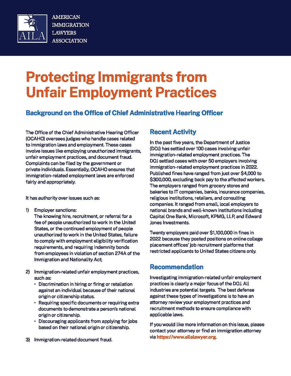 AILA flyer "Protecting Immigrants from Unfair Employment Practices"