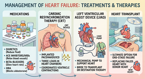 Heart failure treatment options infographic showing medications, cardiac resynchronization therapy (CRT), left ventricular assist device (LVAD), and heart transplantation