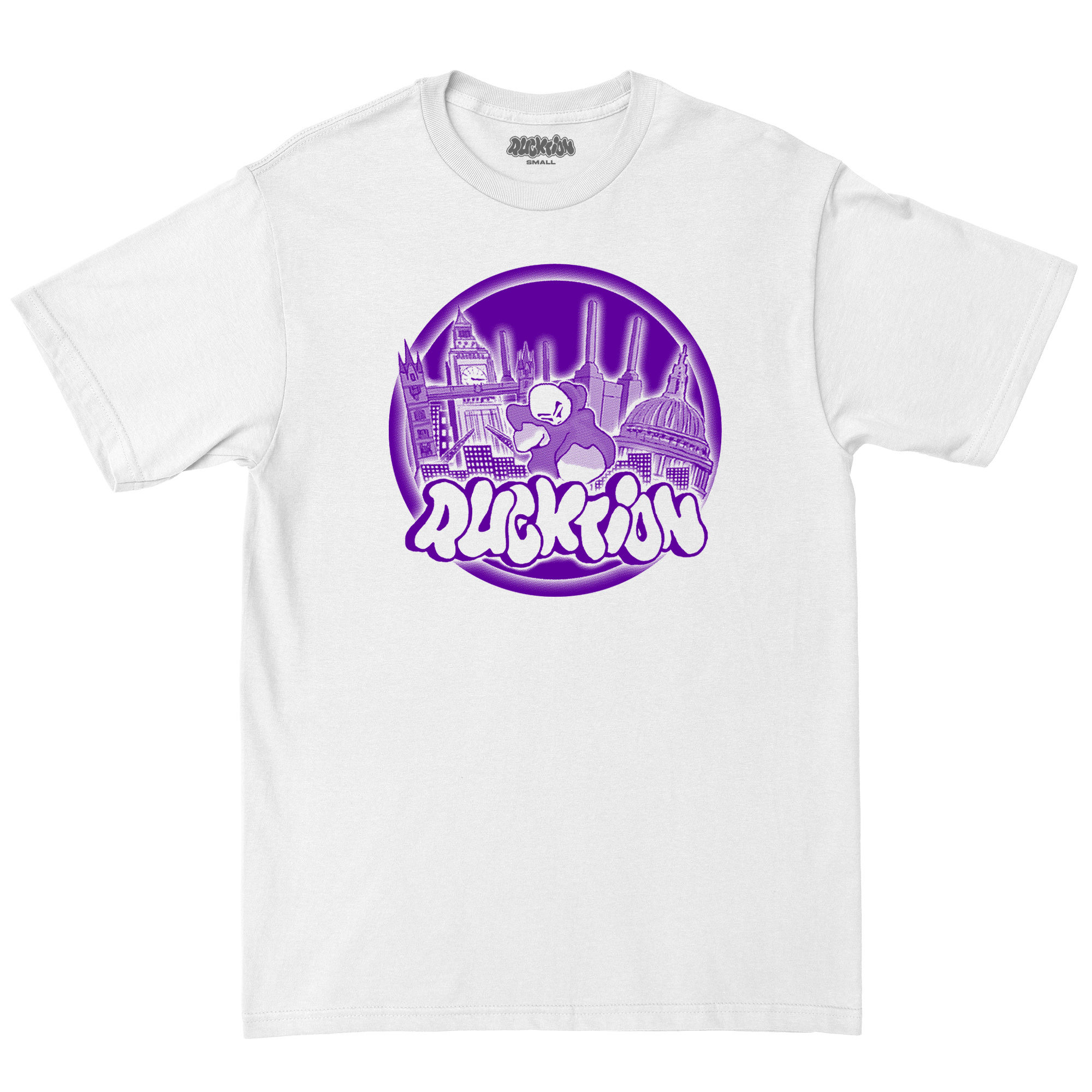 Rucktion purple on white T-shirt
