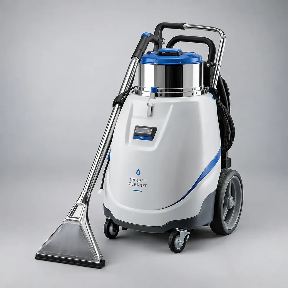 Studio photography of a professional-grade commercial carpet cleaner machine. The device features a sleek white exterior with blue accents and a stainless steel tank, presented against a neutral grey studio backdrop.
