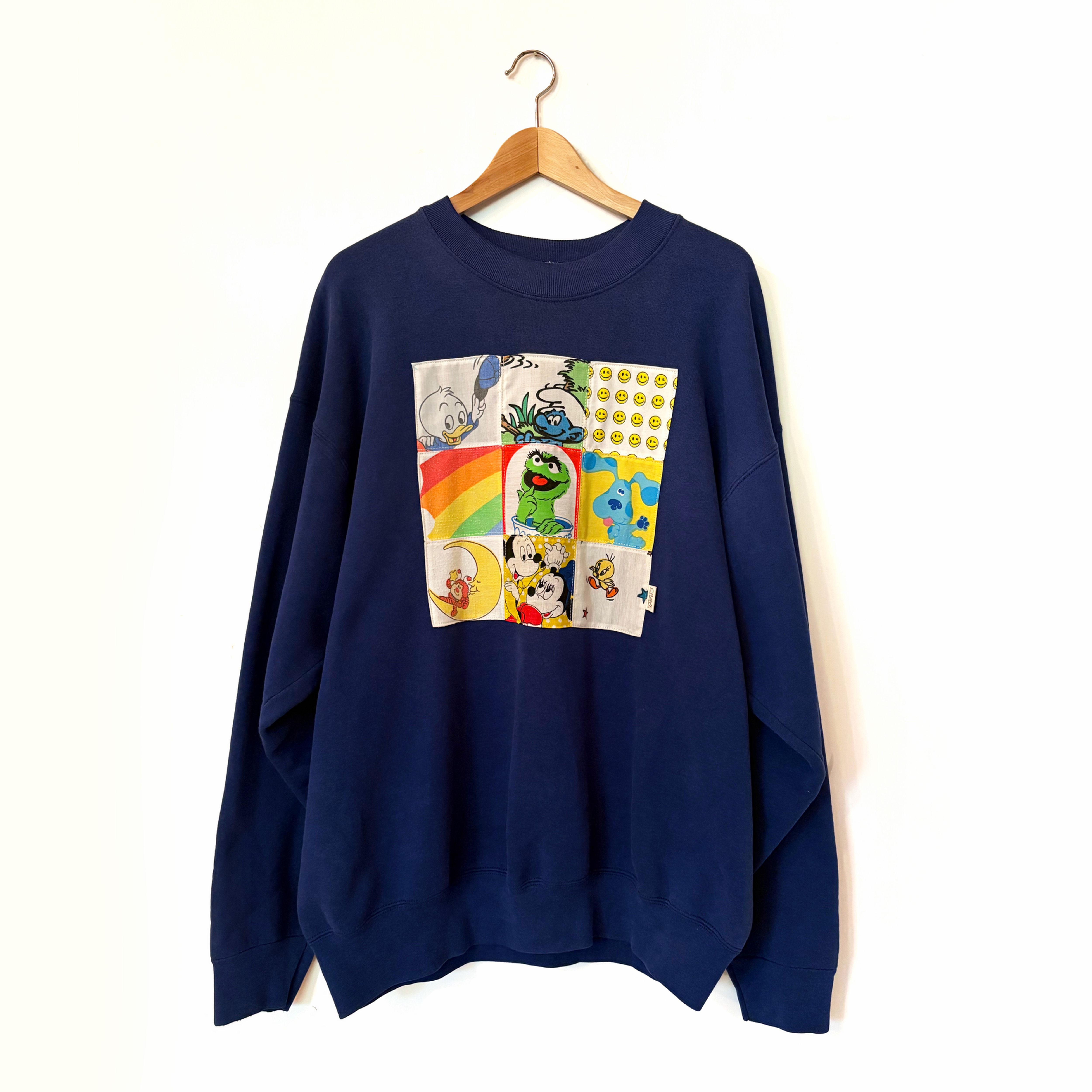 Navy 90s Characters Patchwork Sweatshirt, XXL