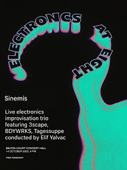 poster with decorative teal writing that says "Electronics at Eight - Sinemis - Live elecronics improvisation trio featuring 3scape, BDYWRKS, Tagessuppe, conducted by Elif Yalvac