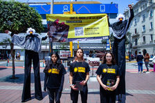 Dos activistas disfrazados de gallinas sostienen un lienzo con el mensaje "¡Que el orgullo de La Lucha Sanguchería no sea la crueladad!", mientras tres activistas sostienen panfletos informativos.