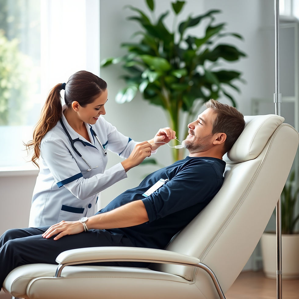Photo-realistic female nurse in navy White gently administering IV to relaxed male patient