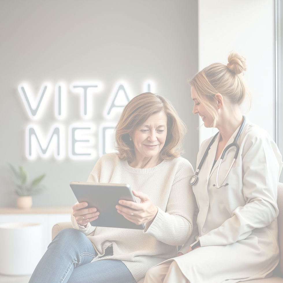Casual, warm photo of a woman in her late 40s chatting with a female clinician at a modern