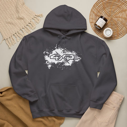 Charcoal 4xp hoodie with white splatter