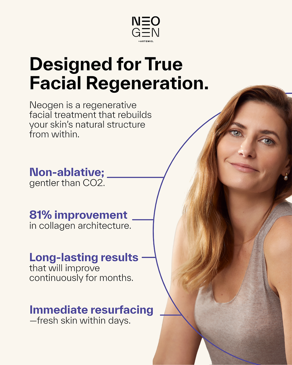 Neogen Facial Regeneration treatment details with a smiling woman