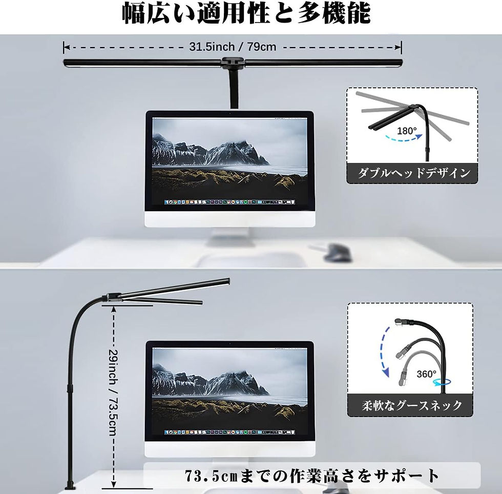 サムネイル： デスクライト LED Hapfish 24W 幅広 スタンドライト 【ダブル光源・高輝度・5色温度・5段階調光・クランプ・回転可能】