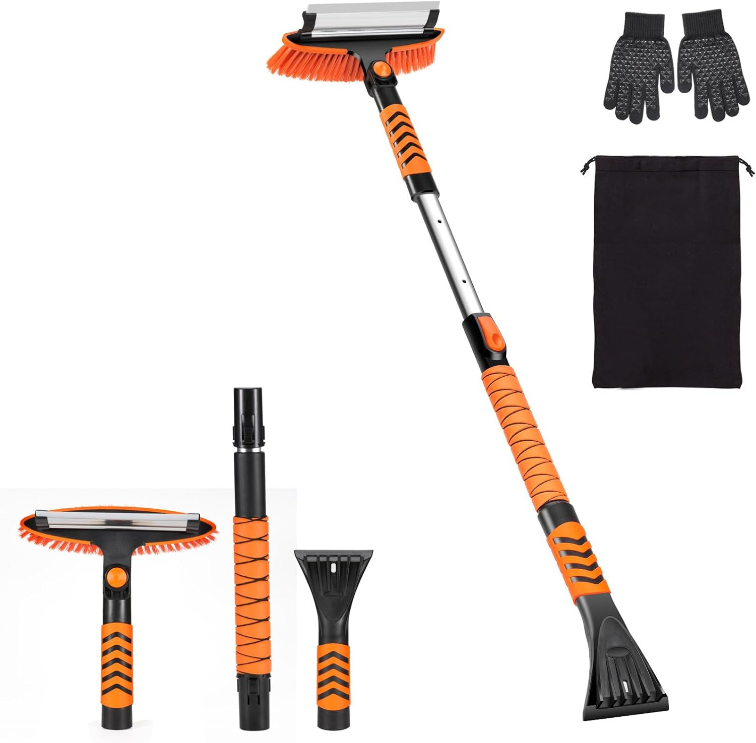 車用スノーブラシ,伸縮式除雪ブラシ 87-107cm 270°ヘッド回転可能,収納袋付き