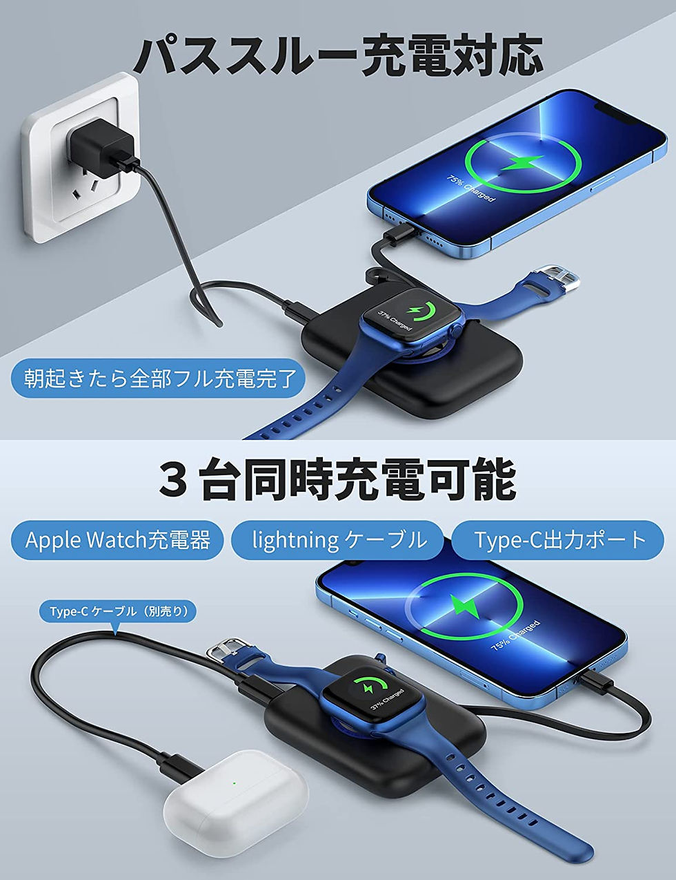 サムネイル： モバイルバッテリー 5000mAh充電器, iphoneとiWatch同時充電可 For Apple Watch ultra/8/7/6/SE/5/4/3/2/
