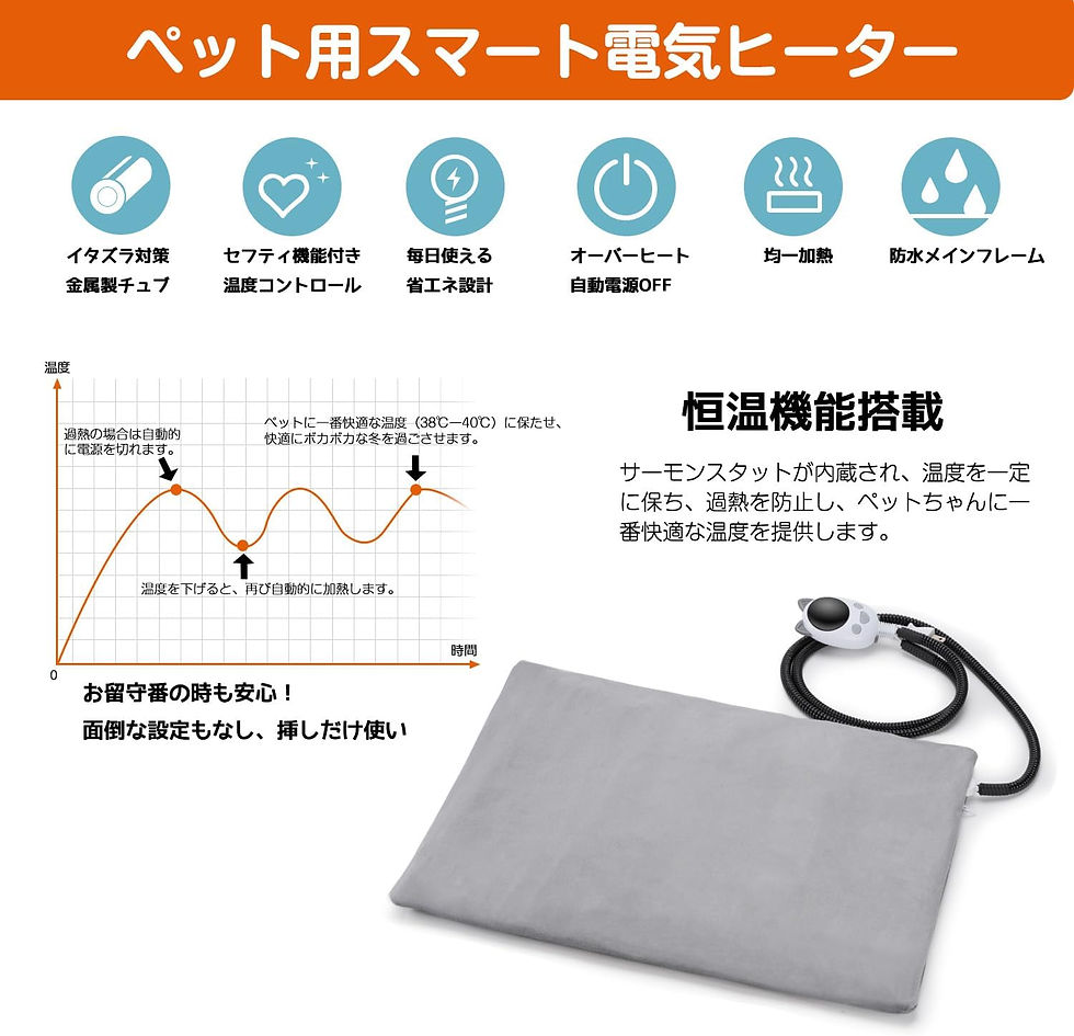 サムネイル： ペット用 智能ホットマット，温度調節 1-12Hタイマー機能，防水 暖房器具 寒さ対策 PSE認証済み
