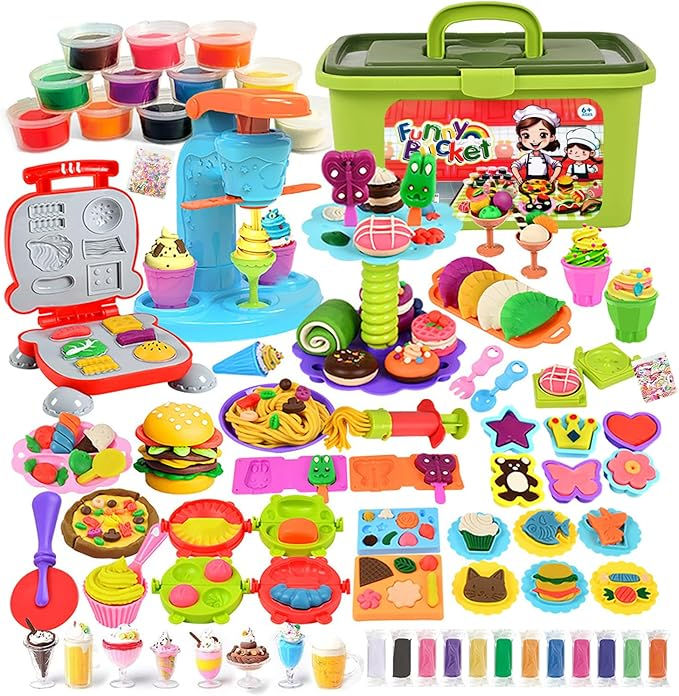ねんど おもちゃ 小麦粘土 24個入れ 84点豪華セット アイスクリームマシン バーガーマシン ケーキトレイ 3IN1 粘土遊び 押し型 ねんど道具