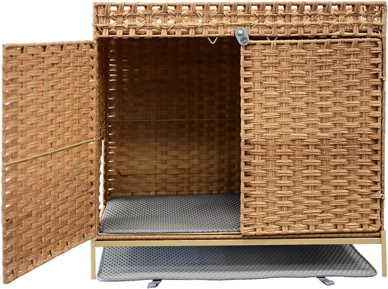 猫用 トイレカバー,猫砂飛散防止 ニオイ軽減 収納付き おしゃれ インテリア ラタン調 高さ71×幅77×奥行46cm