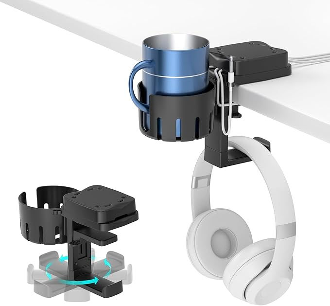 サムネイル： 3 in 1 ヘッドホン スタンド 360°回転 ヘッドホンハンガー 取り外し可能 ドリンクホルダー デスク カップホルダー ケーブル収納