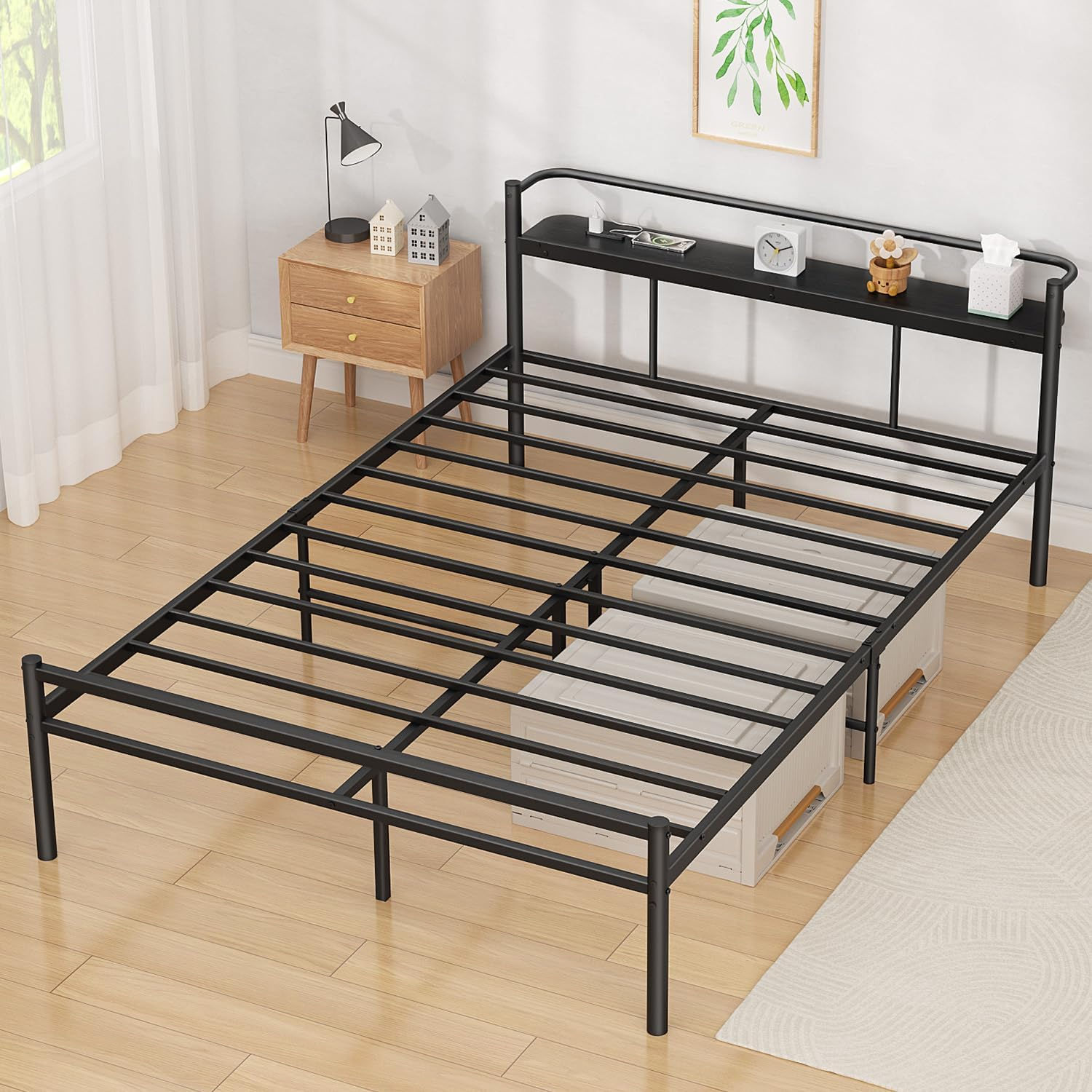 ベッドフレーム シングルベッド 収納 宮棚 2口コンセント付き すのこベッド シングル bed frame single 耐荷重300Kg
