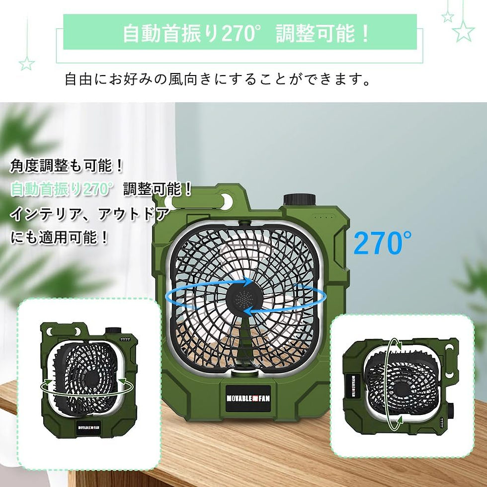 サムネイル： 扇風機USB アウトドア充電式，軽量 低騒音 LEDライト 10400ｍAh50時間，無段階  強力 照明付き