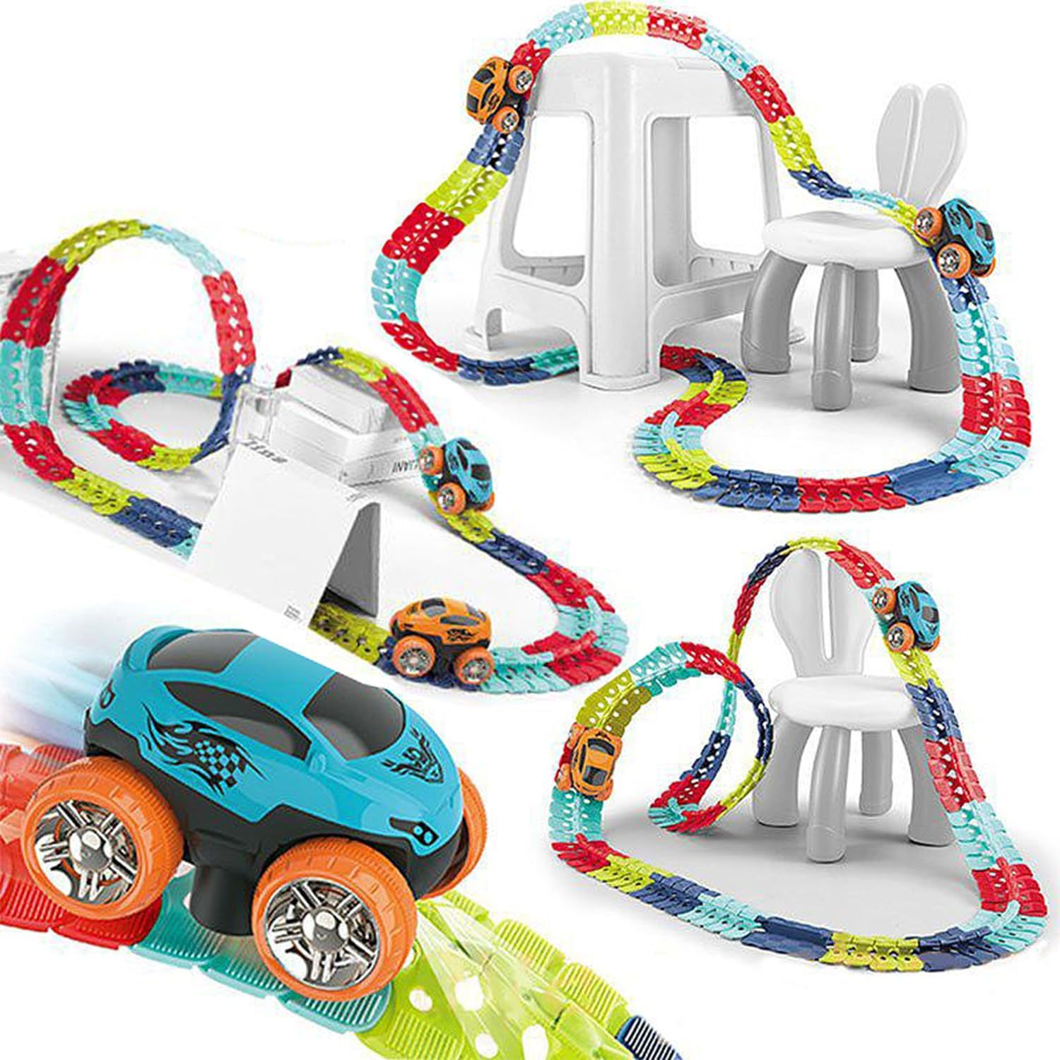 知育玩具車おもちゃ,レール ミニカー 電動 ビルディングブロック 立体パズル DIY 組立自由