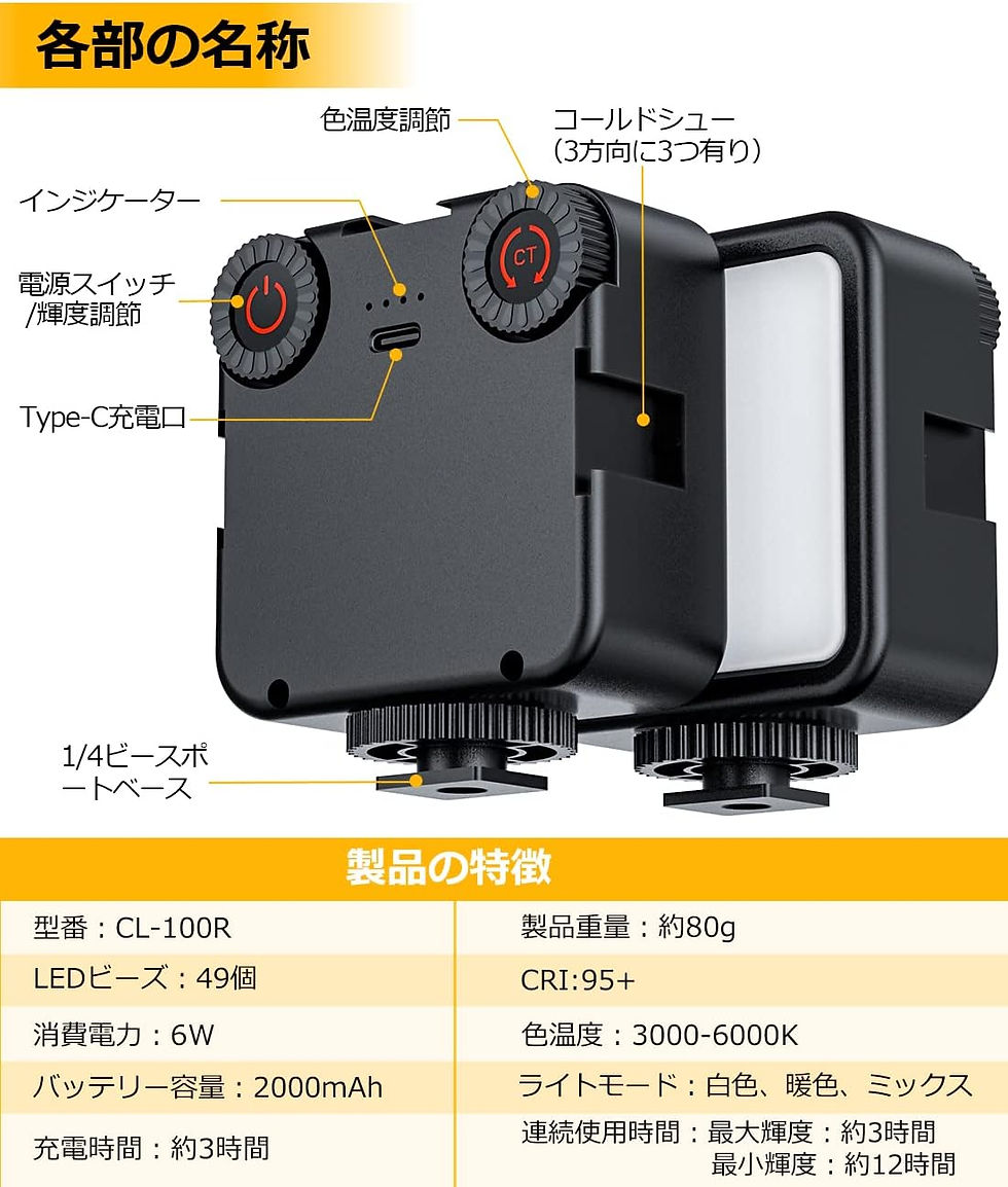 サムネイル： 撮影LEDビデオライト，無段階調光調色 360度回転