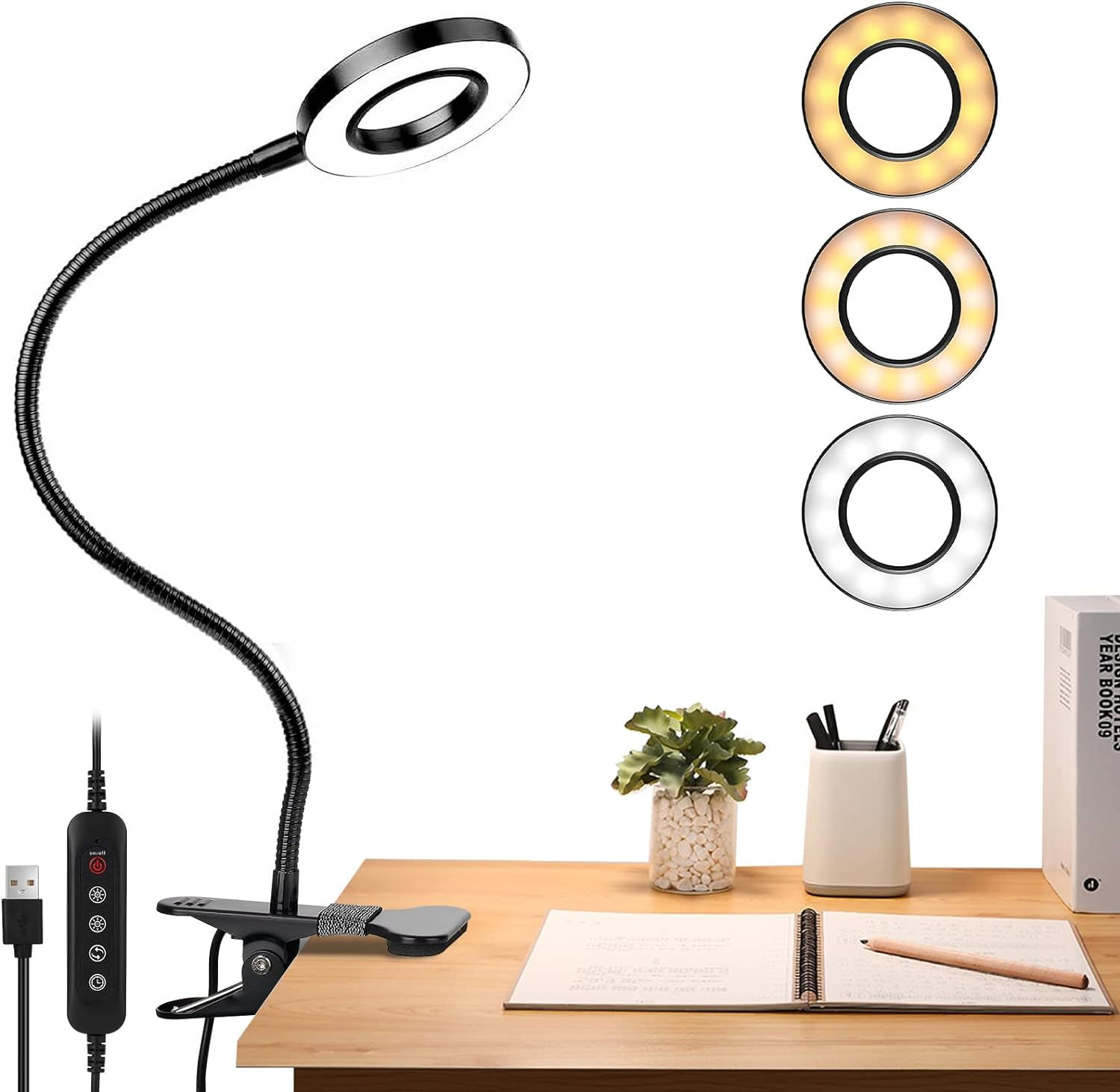 クリップライト LED USB給電式照明,3色4階段調光 折り畳み型 タイマー機能付き