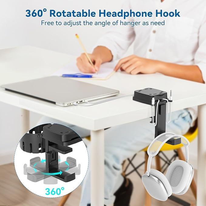 サムネイル： 3 in 1 ヘッドホン スタンド 360°回転 ヘッドホンハンガー 取り外し可能 ドリンクホルダー デスク カップホルダー ケーブル収納
