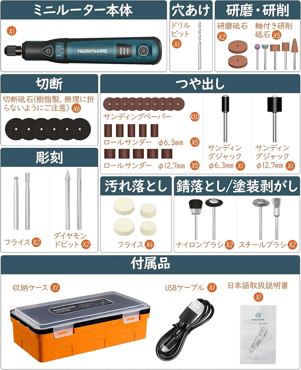 サムネイル： ミニルーター 50点セット，電動 3段変速 15000RPM 高速回転 USB充電式，ワイヤレス設計 軽作業 DIY 工具 日本語取扱説明書付き