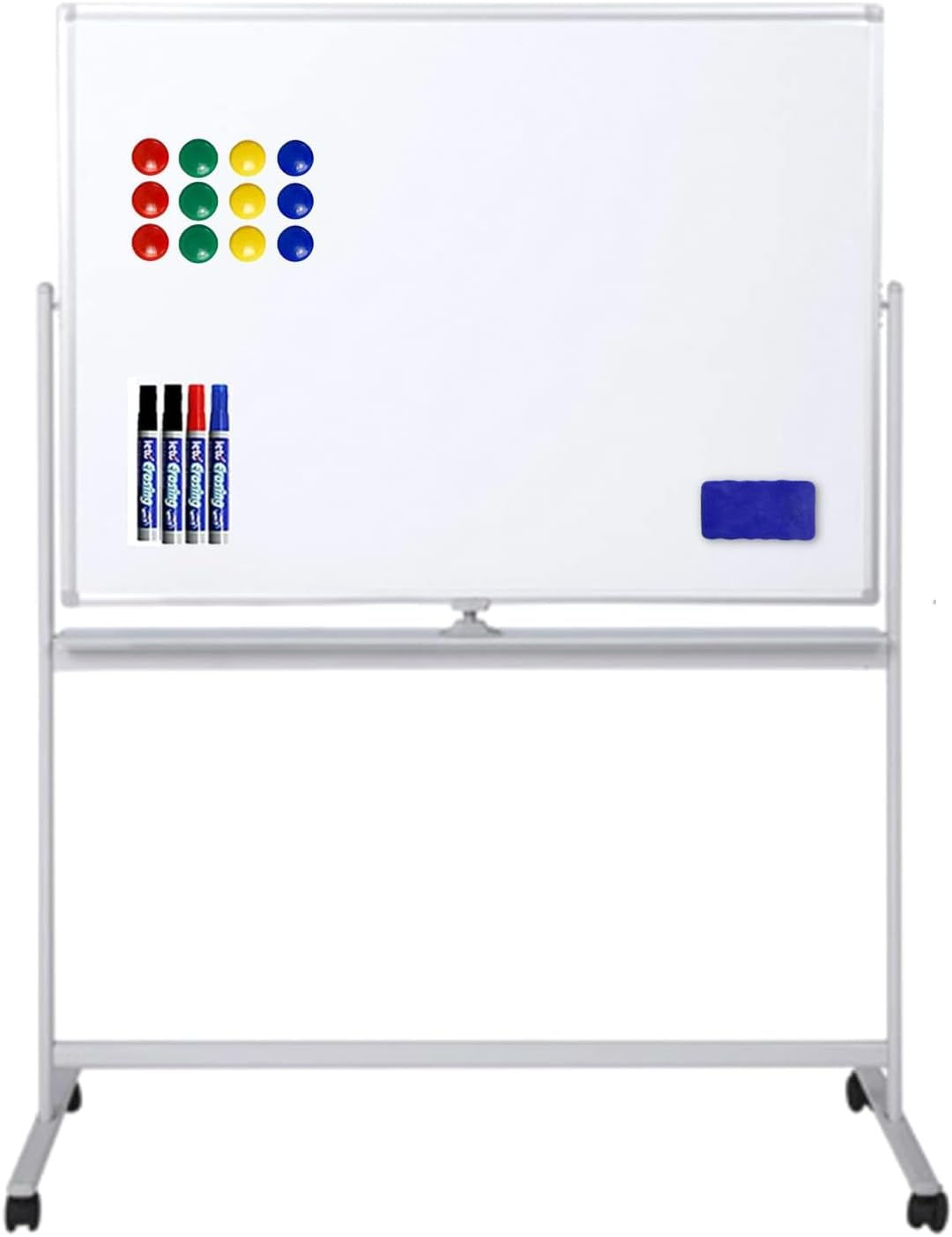 ホワイトボード 1200mm×900mm両面 無地 脚付き，360°回転式 パネル マグネット対応 キャスター付き