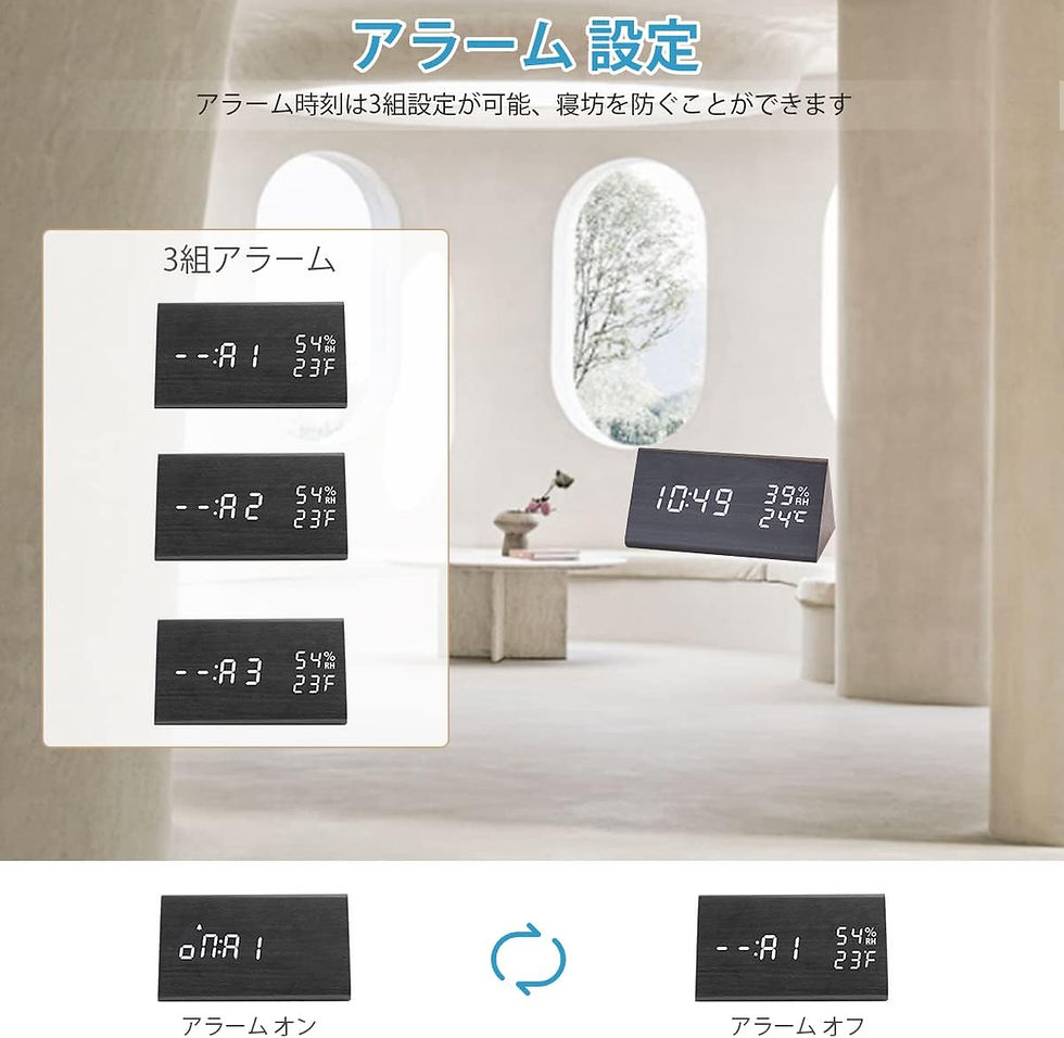 サムネイル： デジタル目覚まし時計 電池式 木製置き時計 き湿度と温度検出電子時計