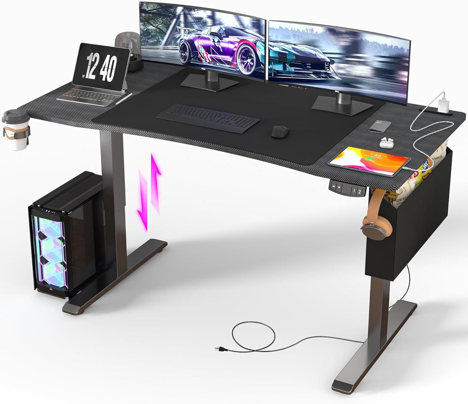 【炭素繊維天板・高さ無段階調節】ゲーミングデスク 電動 昇降デスク pcパソコンデスク ロータイプ コンセント/収納袋/マウスパッド/ケーブルマネージャー付き