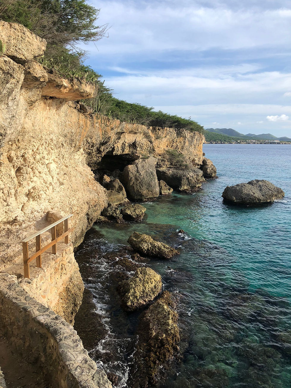 Uitzicht vanaf het wandelpad bij Tamasito Cave op Curaçao, met rotsachtige kust en helderblauw water.