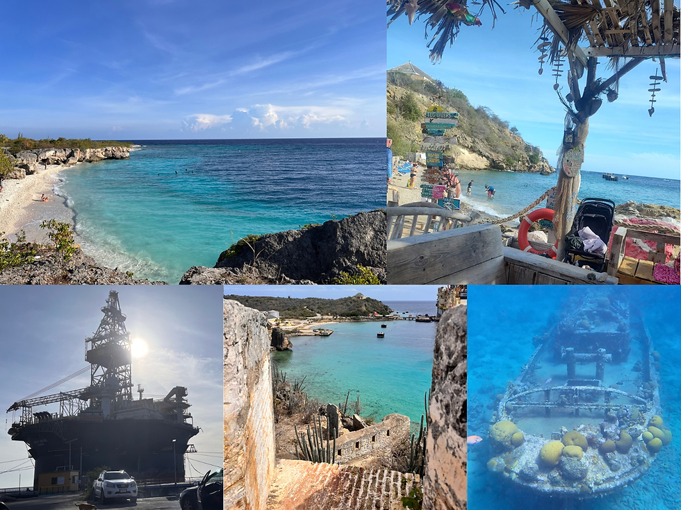 Collage van Directeursbaai, Tugboat Beach, het boorplatform, Fort Beekenburg en het scheepswrak onder water bij Curaçao.