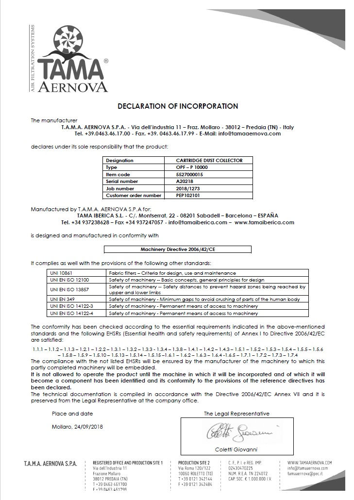Declaratio of incorporation of filtratio