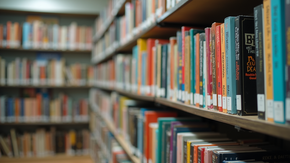 Eye-level view of a colorful bookshelf filled with educational materials