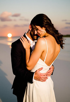 Couple embracing and smiling during a romantic beach sunset photoshoot.
