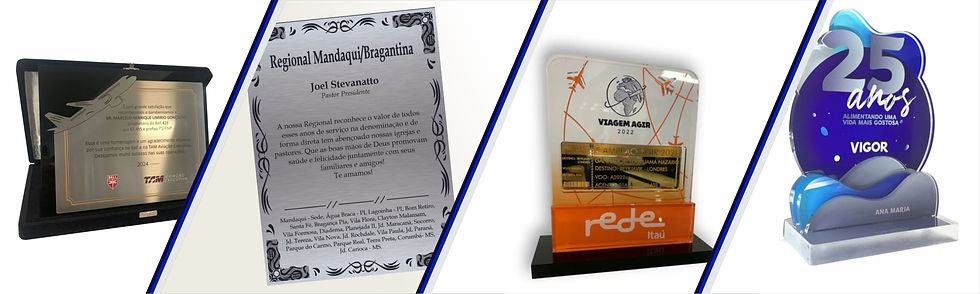 4 trofeus sendo em acrlico, metal, madeira