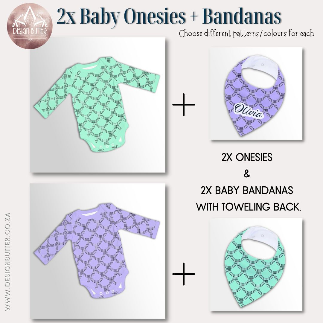 Set x2 Baby Onesies and 2x Bandana -Scallops Teal -B060