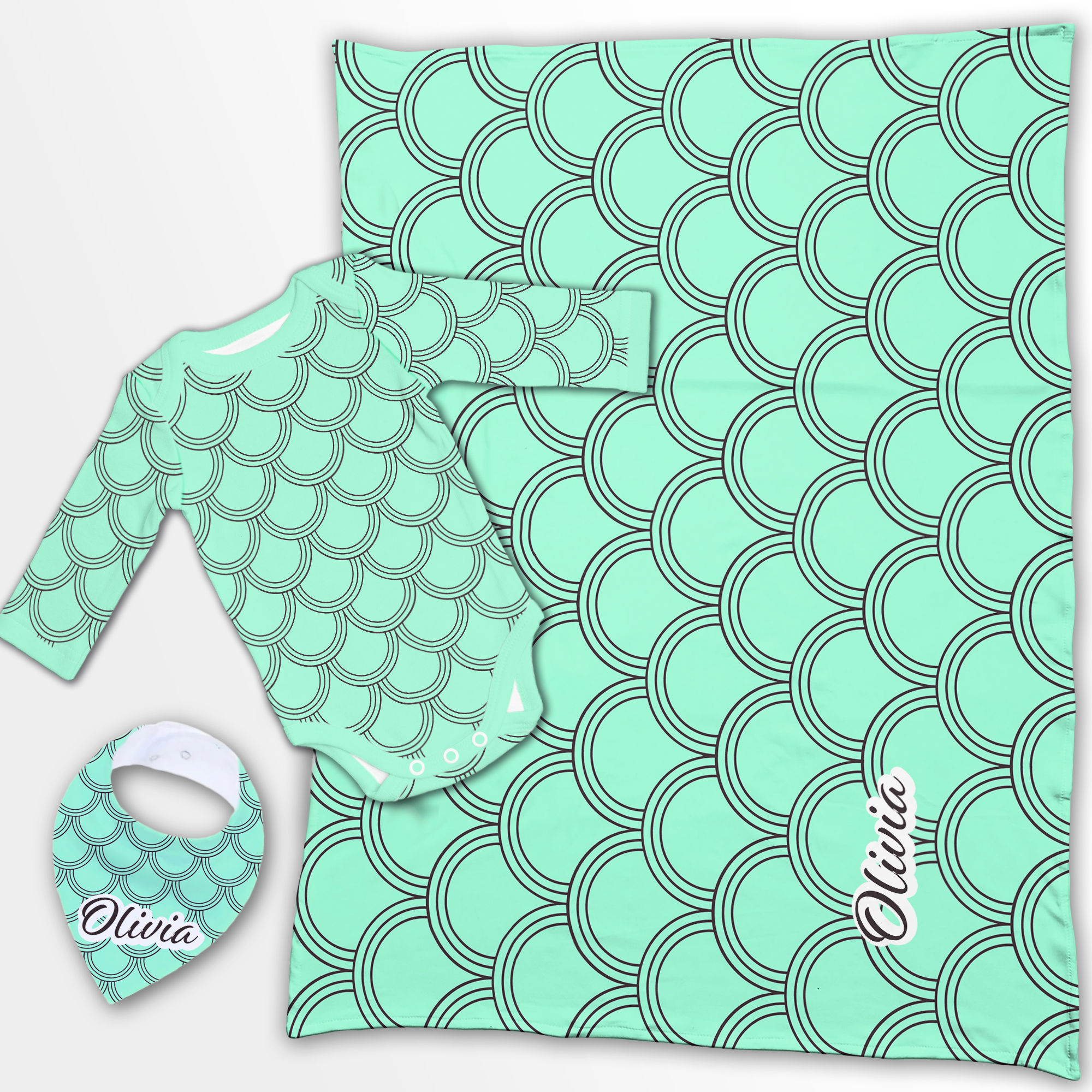 Baby Onesie, Bandana, Swaddle blanket SET-Scallops Teal-B060