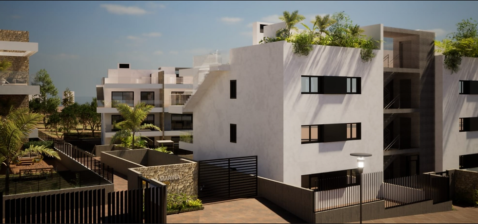 La Marina Beach Residencial consists of 9 blocks with 9 apartments each, offering 3 home types:
Penthouses: 27 with private solariums (3 bedrooms, 2 bathrooms, 115120 m²). Firstfloor Apartments: 27 with spacious terraces (3 bedrooms, 2 bathrooms, 100105 m²). Groundfloor Apartments: 27 with private plots (3 bedrooms, 2 bathrooms, 9095 m²).
All homes are set in a private, exclusive environment perfect for enjoying sports and entertainment.
Residents enjoy stunning views of the Mediterranean Sea and Benidorm's skyline. The modern homes feature advanced technologies, including thermal and acoustic insulation, aerothermal energy systems,