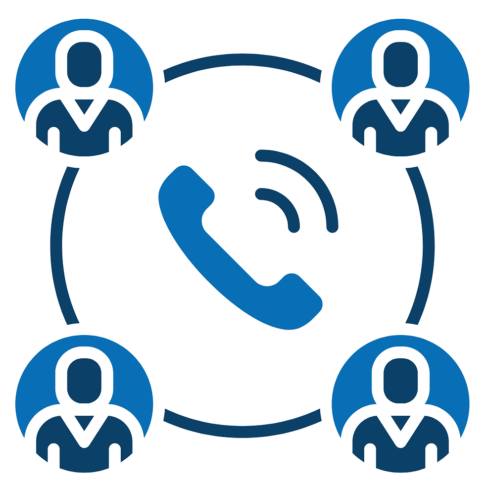 A simple blue and dark navy icon showing a central telephone receiver with sound wave lines, surrounded by a circle connecting four smaller circles with person icons inside, representing a conference call, sales call, or team communication.
