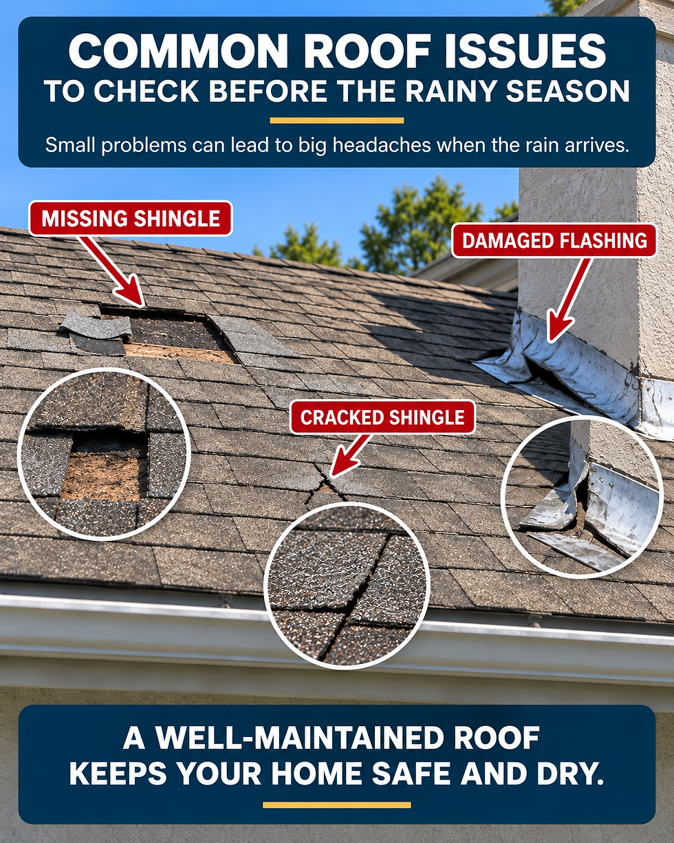 Roof photo with simple arrows identifying a missing/loose shingle or tile, damaged flashing and a visible crack