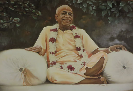 Prabhupada sitting on roof of Mumbai temple painting, by Rudradeva das. Iskcon devotional art
