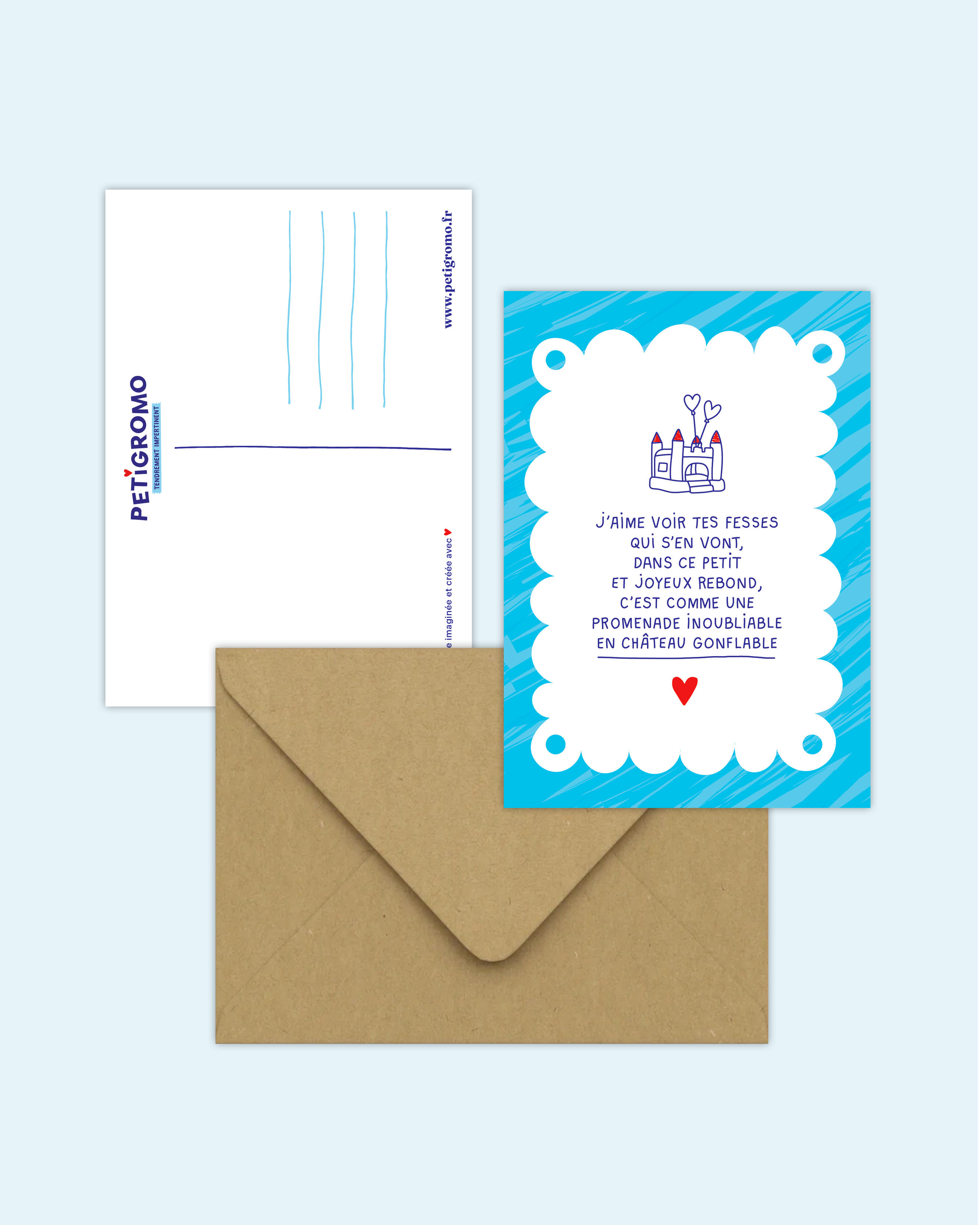 Carte postale Château Gonflable recto-verso et son enveloppe craft