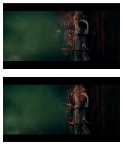 This is one of the final frames from the film. In these few frames, we see Willard’s face, more specifically his eye, align with one of the eyes from the temple statues, implying Willard’s consideration of taking Kurtz's place–he fuses with what he came to destroy.