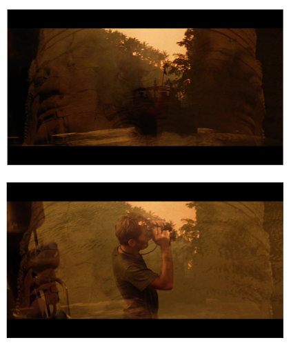 In this scene, Willard fades in between two statues of faces. Those statues belong to the temple in which Kurtz resides, representing Willard’s ‘split-mindedness’ about Kurtz, humanity, and war.