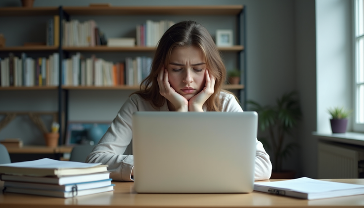 Vista a nivel de ojo de un estudiante sentado en un escritorio con libros y una laptop, mostrando signos de cansancio