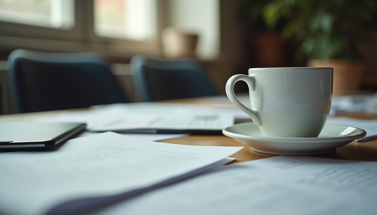 Vista a nivel de ojo de un escritorio desordenado con papeles y una taza de café vacía