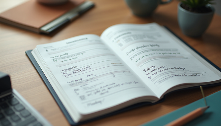 Vista en ángulo alto de una agenda abierta con planificación semanal y notas sobre desarrollo profesional
